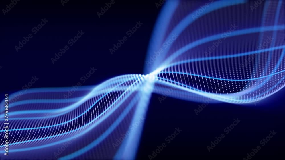 Wall mural loopable animation of glowing blue waves made of particles and neon lines. looped abstract backgroun