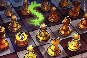 Chessboard Strategy with Bitcoin Pieces Arranged Around a Central Green Arrow, Reflecting the Concept of Digital Currency and Investment Tactics