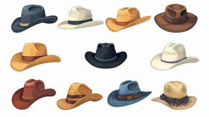 A cartoon hats collection features female and male headwear including derby, cowboy, straw hat, cap, panama, and cylinder, in a summer women vintage fashion hats vector set