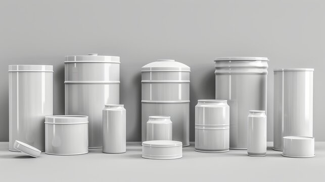 A collection of white tin cans and jars including coffee or tea canisters, preserves or pet food tins, cocktail, or soda cans, chips tubes, cookie jars, and round boxes for sugar or flour