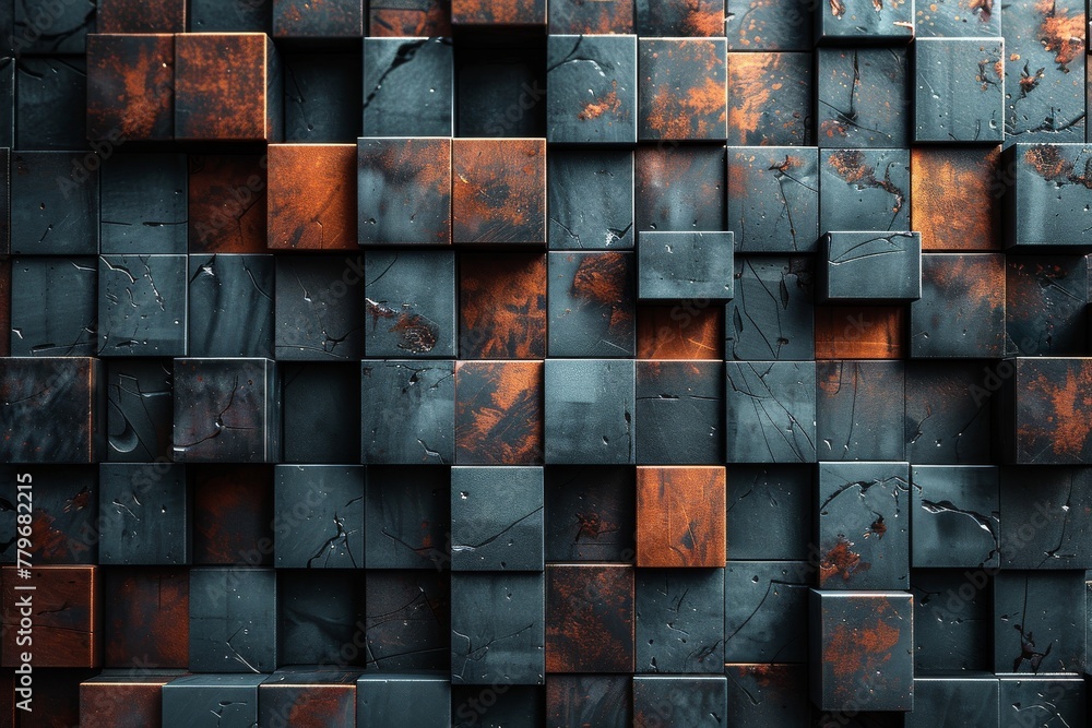 Aufkleber stark image featuring a tactile surface of orange metallic blocks with visible rust and weathering f