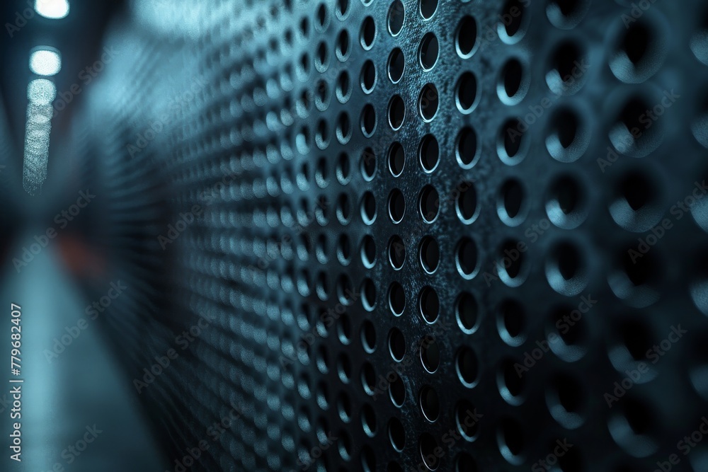 Poster a detailed close-up of a metallic surface with a symmetrical pattern of circular perforations