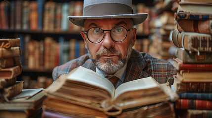 Curious man in glasses and hat looking at books in library - obrazy, fototapety, plakaty