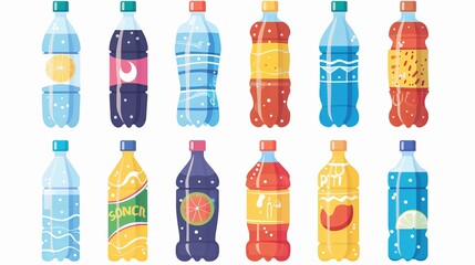 A set of plastic bottles of water and sweet soda is presented in flat vector icons illustration, highlighting various soda options - obrazy, fototapety, plakaty