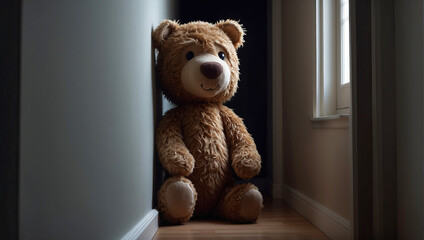 Sad teddy bear in the dark, childhood nightmares concept.