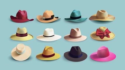 A set of women's fashionable hats in different colors and styles is presented in retro style, including elegant broad-brimmed hats, panama, gaucho, and fedora - obrazy, fototapety, plakaty