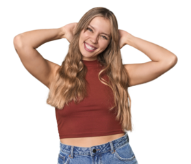 Studio portrait of a blonde Caucasian woman stretching arms, relaxed position.