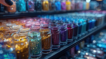 Colorful nail polish bottles on shelf in beauty salon, closeup