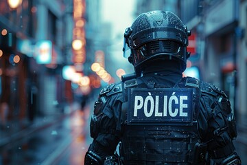 A futuristic police officer with a cybernetic arm and a prominently displayed "POLICE" badge analyzes a holographic crime scene projection with a focused expression