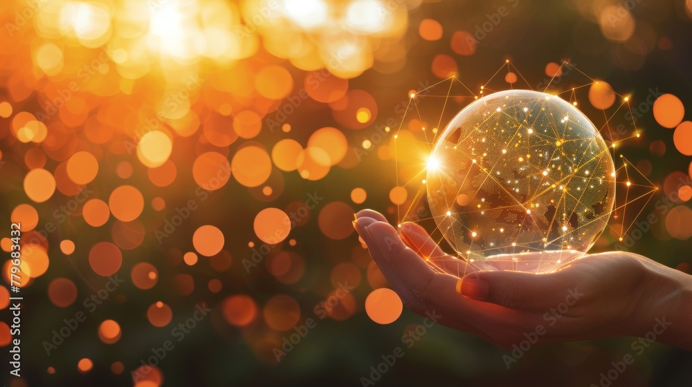 Poster hand holding a luminous globe with interconnected lines symbolizing global connectivity.