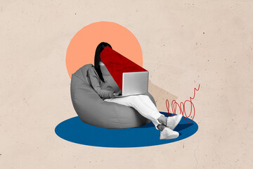 Composite photo collage of young girl without face sit beanbag hold macbook type addiction lie...