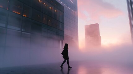 Silhouetted woman walking alone in a fog-shrouded cityscape at dusk.