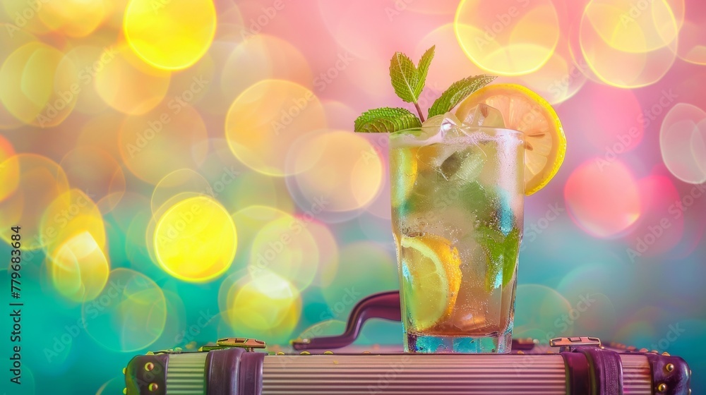 Poster refreshing iced tea with lemon and mint garnish against a backdrop of colorful bokeh lights.