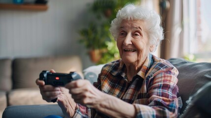 A cheerful elderly woman enjoys gaming with a controller, showcasing unexpected hobbies in seniors.