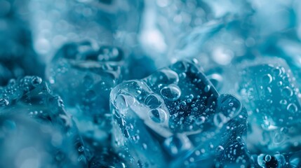 Macro shot of sparkling water droplets on textured blue ice, creating a fresh and cool atmosphere.