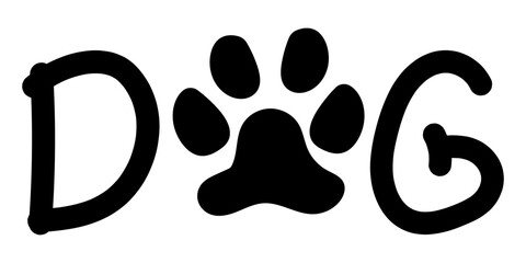 Text DOG with a dog's paw hand drawn vector illustration isolated on white background.