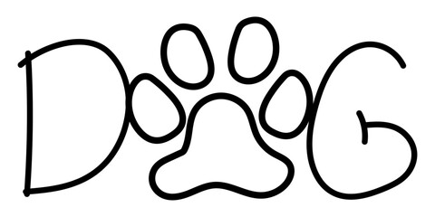 Text DOG with a dog's paw hand drawn vector illustration isolated on white background.