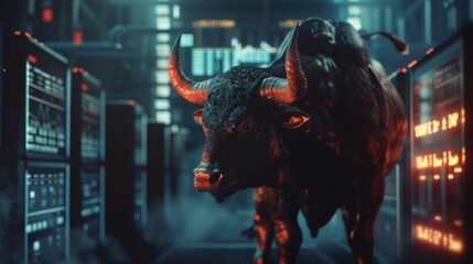 Digital art of a bull statue amidst server racks, symbolizing financial markets' strength.