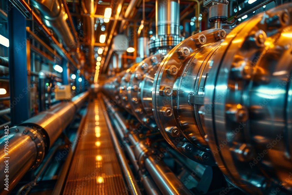 Poster the image captures the complex network of shiny metal pipes running through an industrial setting wi