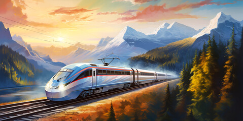 High-speed trains run through fields, mountains, and rivers.
