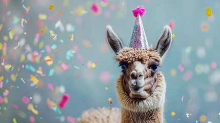 A charming llama in a party hat smiles amid a shower of multicolored confetti, depicting celebration.