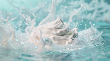 Dynamic splash of milk in clear aqua blue water, creating a lively liquid sculpture.