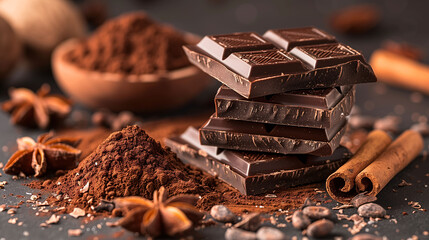 Stack of dark chocolate bars with cocoa powder, cinnamon sticks, anise stars, and almonds on a dark surface, suggesting rich flavor and gourmet ingredients.