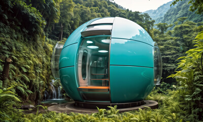 sphere-shaped pod cabin is situated in a forest with a waterfall in the background. The pod has a bed inside and is surrounded by ferns.
