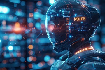 futuristic police officer with a badge on their uniform that reads "POLICE", set in a futuristic technology type background