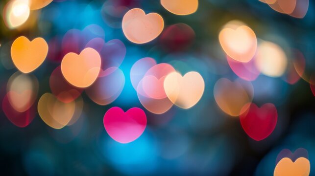 Abstract background of heart-shaped bokeh lights in multiple vivid colors.