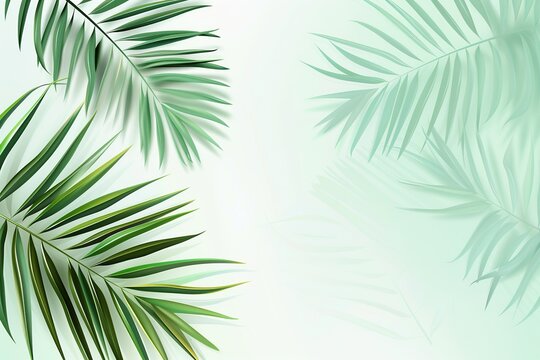Minimal abstract background with blurry shadow of tropical palm leaves. Cosmetic product Presentation. Premium podium. Pastel light empty green wall. Showcase display case, Top view. Modern Spa mockup