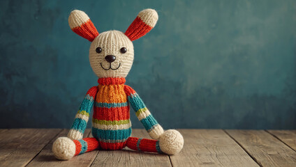 A funny, cute crocheted bunny in a sweater sits on a gray background.