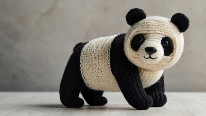 Crochet panda bear toy, postcard. - obrazy, fototapety, plakaty