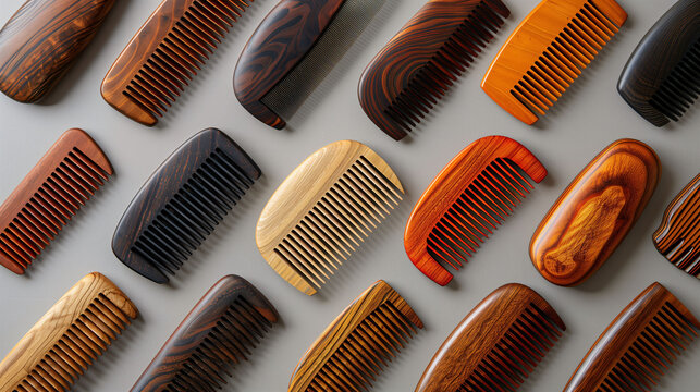 Assorted hair combs of various shapes and colors neatly arranged on a light gray background, showcasing diversity in hair care tools.
