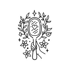 Mirror with hand and leaves. Vector illustration. Doodle cute style. Self care concept - 779684834