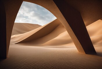 desert landscape with a triangular archway. The sky is blue with scattered clouds. The sand is a warm beige color and has wave-like patterns. - 779684837