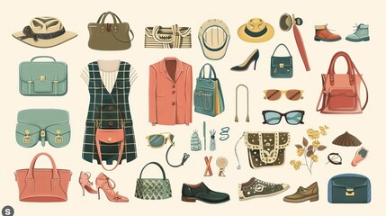 A vintage fashion elements collection is presented in vector illustration, showcasing a range of stylish accessories