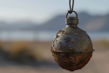 Hand Grenade rendered in 3D, focusing on its deadly simplicity against a tranquil background
