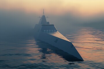 Highdetail 3D destroyer on peaceful seas, emphasizing futuristic lines and silent grace