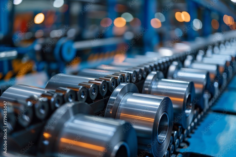 Poster close-up on mechanical parts assembly line in a blue factory environment showcasing machinery and pr