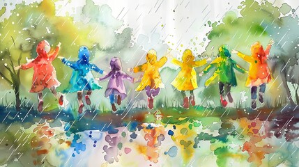 Vibrant watercolor illustration of joyful children dancing in the rain, reflecting childhood innocence and happiness.
