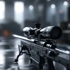 Tuinposter Sniper Rifle in 3D, poised against a noisefree backdrop, highlighting precision shooting © kitinut
