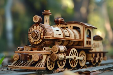 Fototapeta premium Wooden toy train powered by locomotive