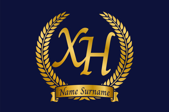 Initial letter X and H, XH monogram logo design with laurel wreath. Luxury golden calligraphy font.