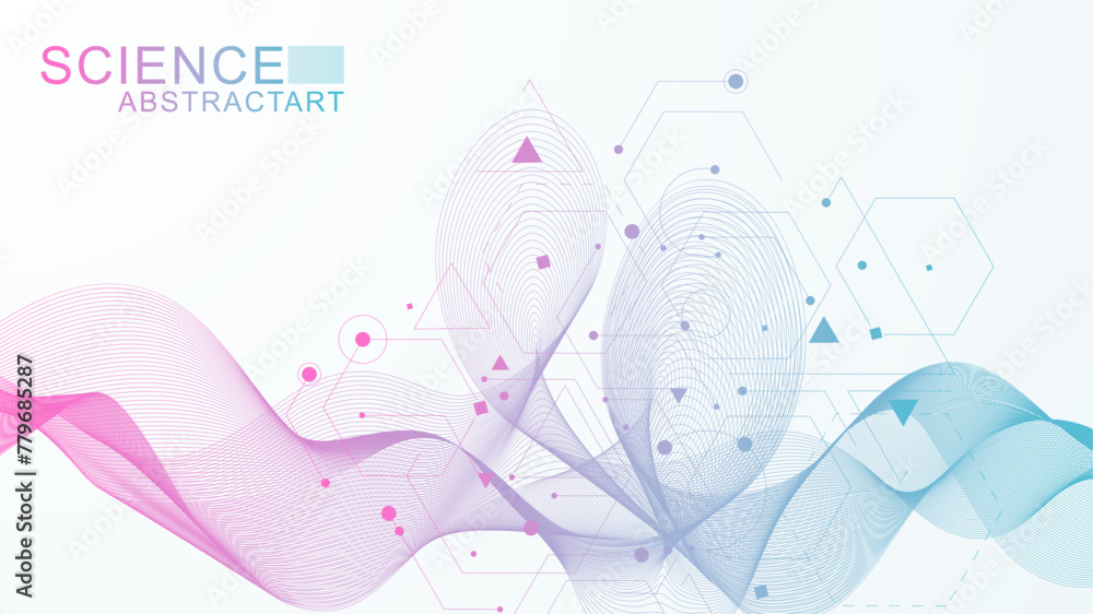 Poster geometric abstract background with connected line and dots. structure molecule and communication. bi