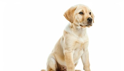 Yellow labrador puppy sitting on white background