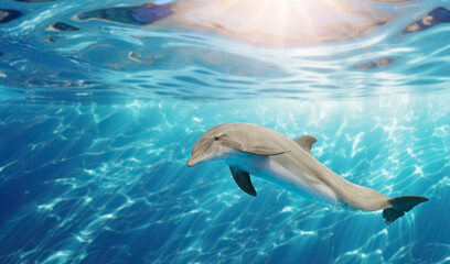 swimming underwater dolphin, sunny seascape with deep ocean