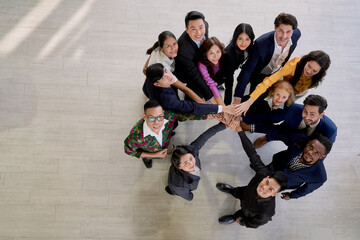 Top view Business people team are joinning hand together for hamonious and teamwork concept, Business seminar strategy class.