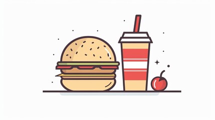 An outline flat design vector illustration of a hamburger and soft drink cup, representing fast food icons on a white background