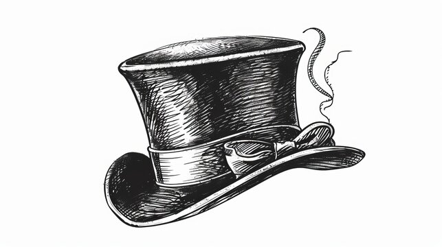 An elegant gent Mr. aged beaver chimney pot stove pipe kettle cap symbol is outlined in ink hand-drawn doodle icon sketch pen on paper, isolated on a white background